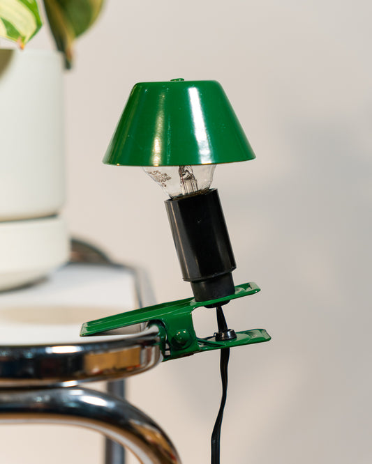 Vintage mini mushroom clip lamp in bottle green, 1980s Spanish design with clip base. Vecino Shop