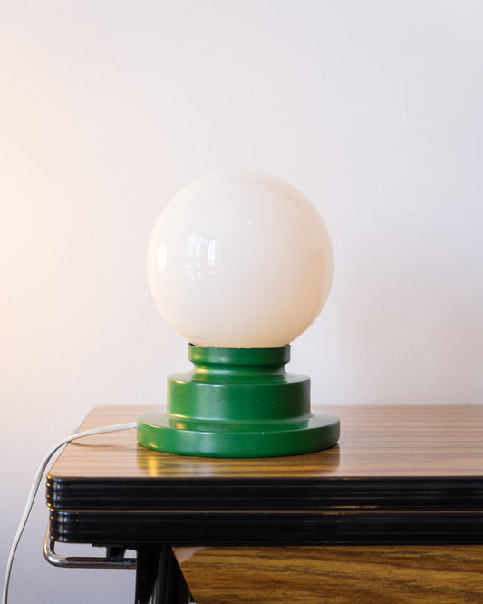 Vintage space age table lamp with white opaline shade and green stepped cone base – Vecino Shop