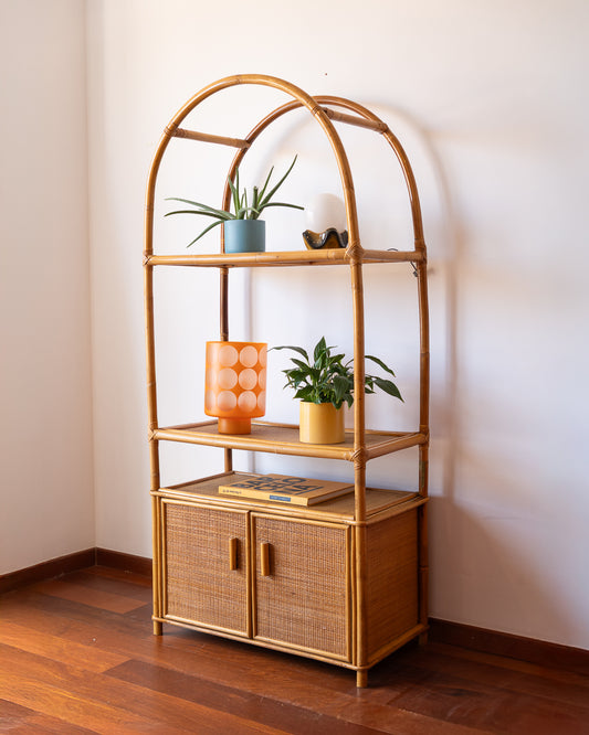 Vintage rattan shelf with arched top and cabinet base – Vecino Shop