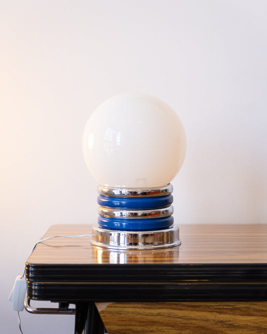 Vintage Space Age table lamp with chrome and blue base and white opaline shade – Vecino Shop