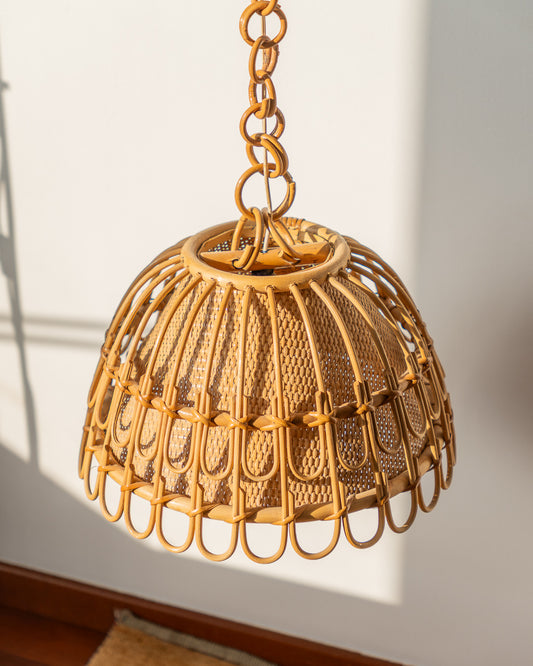 Vintage 1960s handwoven wicker ceiling lamp with natural texture and boho style. A warm, organic statement light for living rooms, bedrooms, or studios.