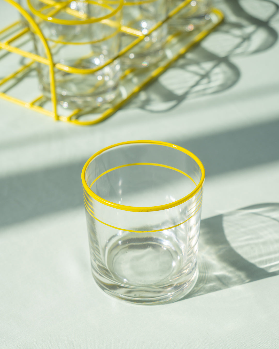 Vintage yellow striped glass set with metal holder – Vecino Shop
