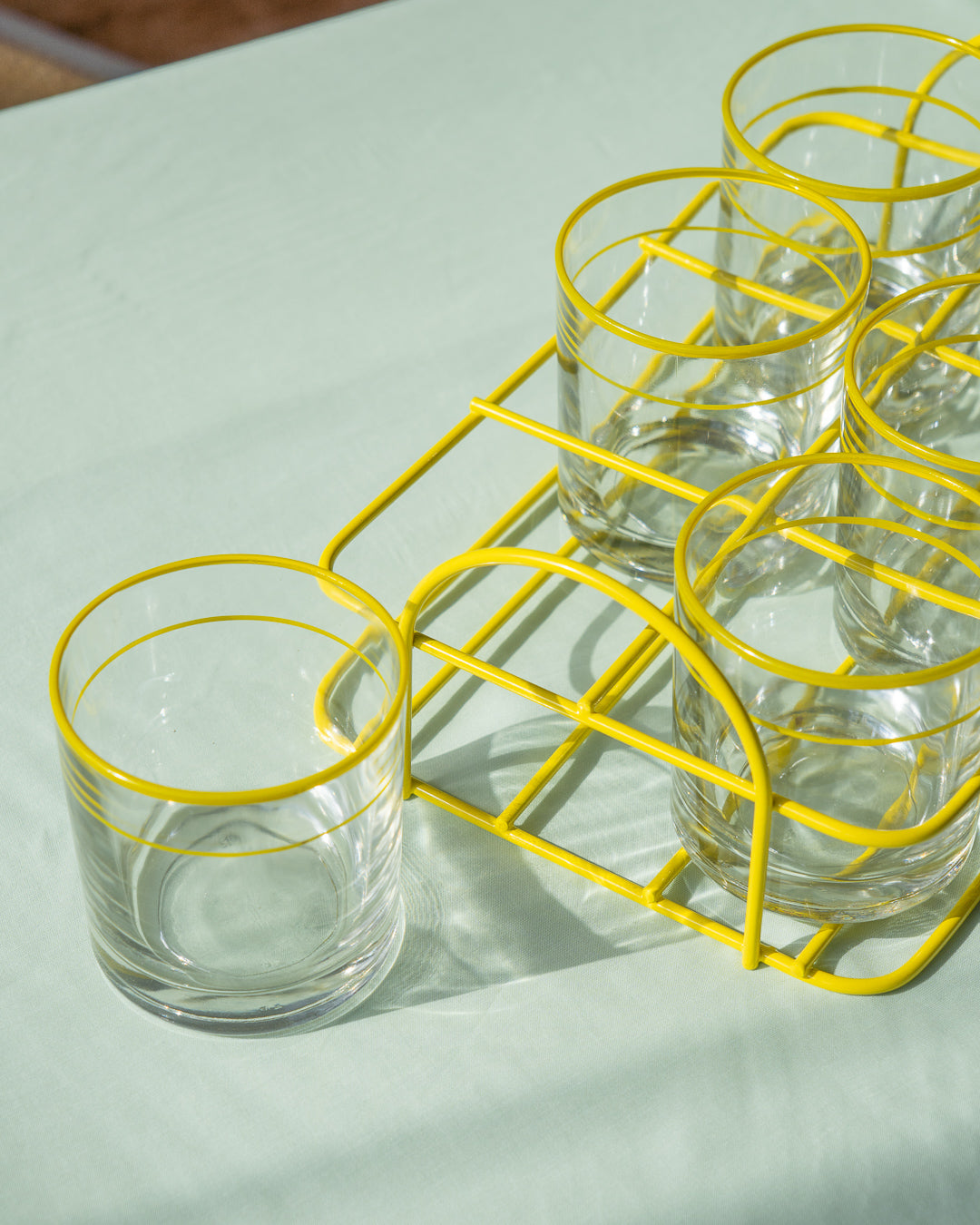 Vintage yellow striped glass set with metal holder – Vecino Shop